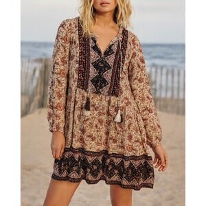 Frye and Co sz L Womens 100%Rayon Long Sleeve Patchwork Floral Dress Boho Hippie